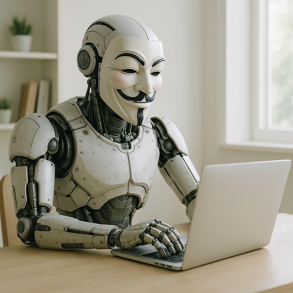 A robot wearing a hacker mask sits at a laptop